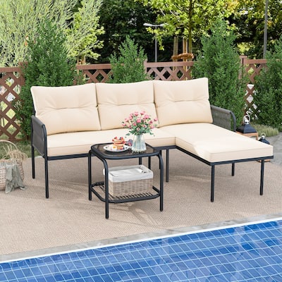 Gymax 3-Piece L Shaped Patio Furniture Set w/Tempered Glass Table Back