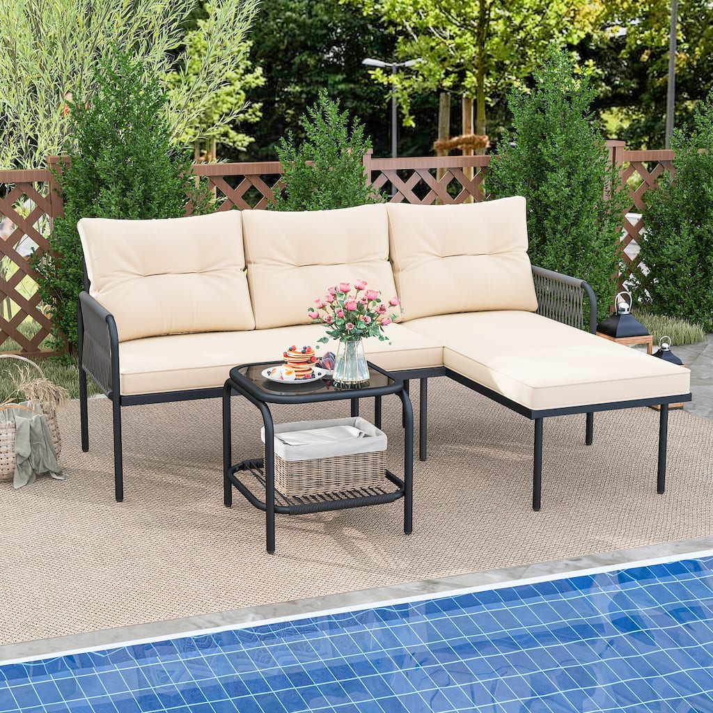 Gymax 3-Piece L Shaped Patio Furniture Set w/Tempered Glass Table Back