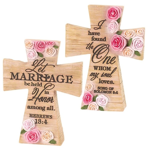 Let Marriage Be Honored 5" x 3" Woodgrain Tabletop Resin Cross with Scriptures from Hebrews 13:4 and Song of Solomon 8:4