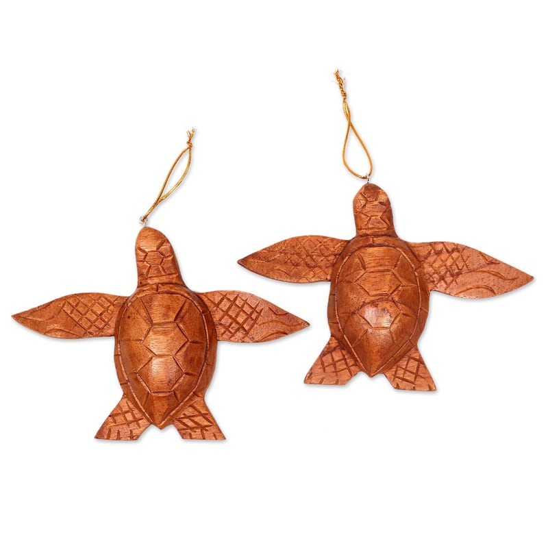 NOVICA Patient Turtle, Wood ornaments (pair) - 1" H x 5.25" W x 3.9" D