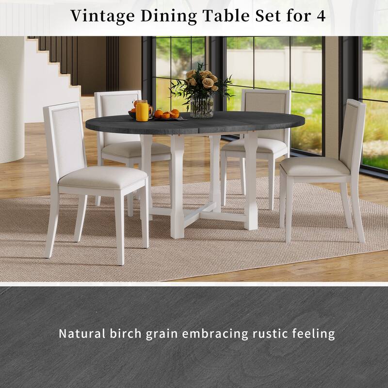 5-Piece Extendable Dining Table Set for 4, Round Dining Table for 4 with Upholstered Chairs, Farmhouse Kitchen Table Set