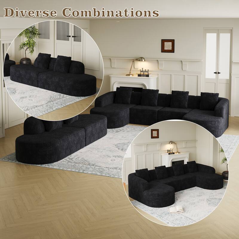 111.8" Curved L-Shaped Modular Sofa with Lychee-Textured Long-Pile Polyester Fabric and 3 Pillows for Living Room
