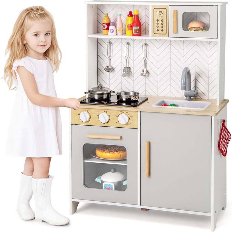 Wooden Toy Kitchen Pretend Kids Kitchen Playset w/Light - White