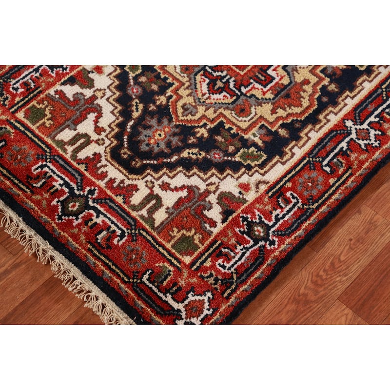 Hand Knotted Oriental 100% Wool Carpet Traditional Geometric Navy Blue & Blues Heriz (serapi) Runner Rug - 7' 10'' X 2' 7''