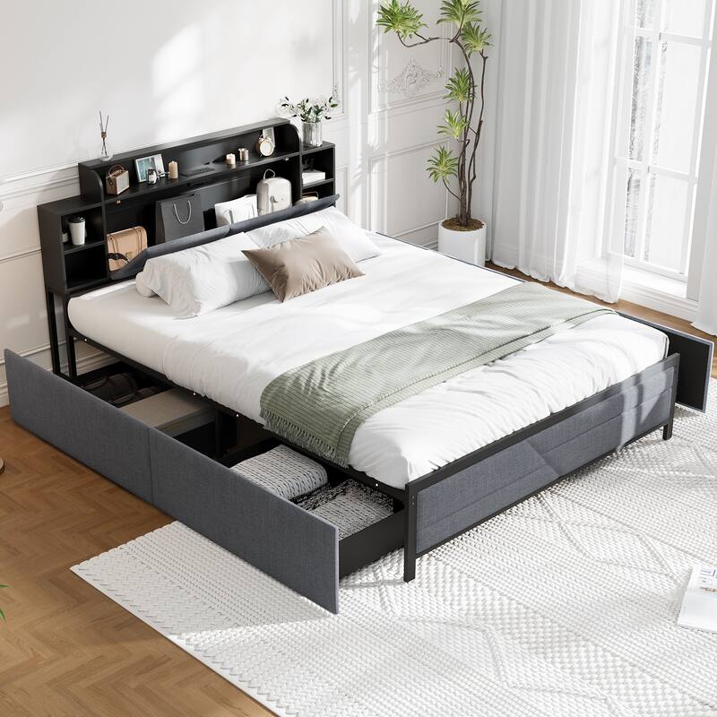 French Queen Size Bed Frame Platform with Brown/Black Storage Headboard & 4 Storage Drawers