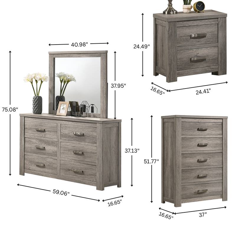 Roundhill Furniture Floren Contemporary Weathered Gray Wood Bedroom Set, Panel Bed, Dresser, Mirror, Nightstand, Chest