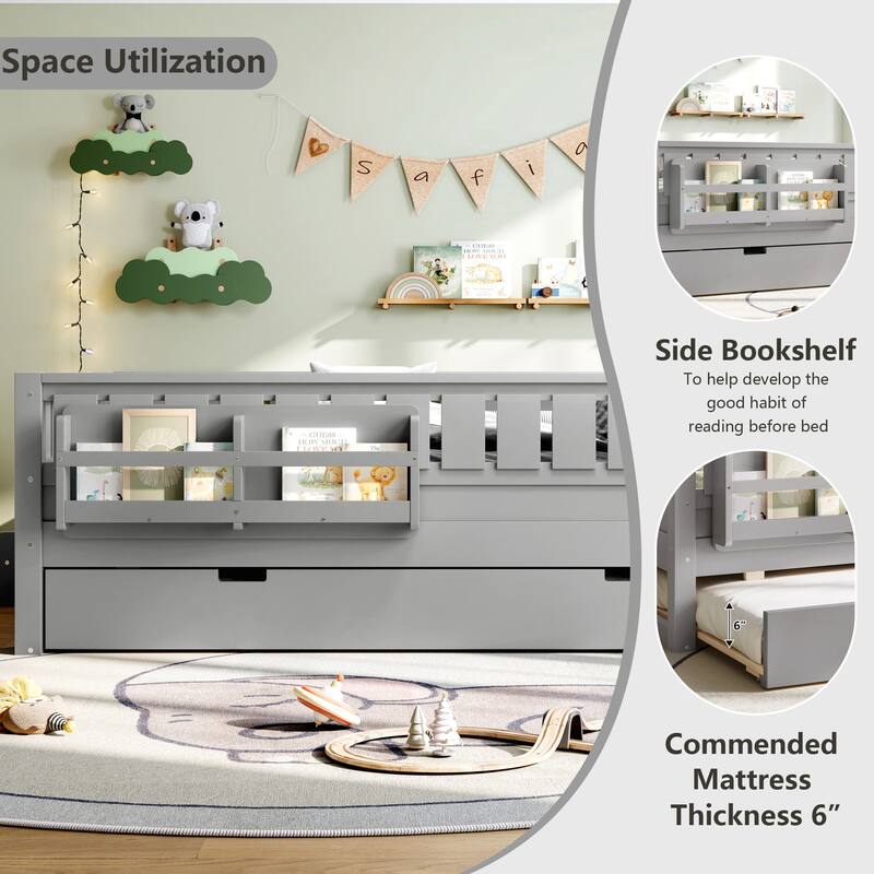 Full with Built-in Bookshelves and Small Staircase, High-Quality Safety Rails, and Trundle