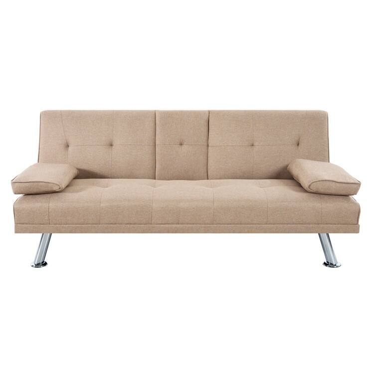 Futon Sofa Bed Couch with Armrest & Cupholders, Faux Leather Sofa Bed Couch Convertible Folding Reclining Small Couch