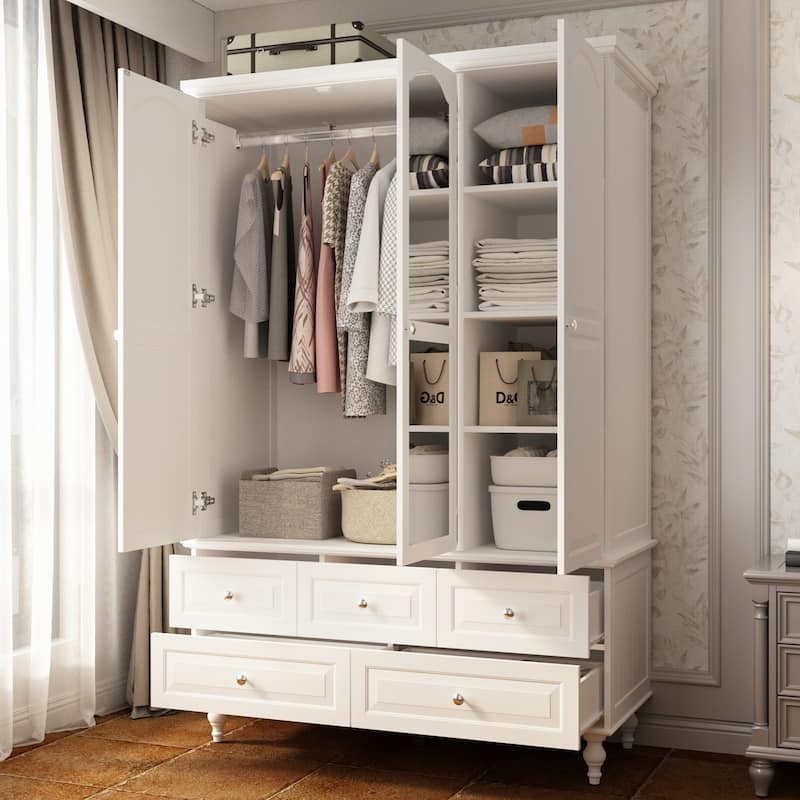 70.9"H White Lacquered Armoires Wardrobes With Mirror Doors