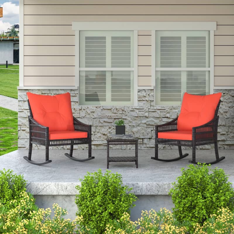VEIKOUS 3-Piece Outdoor Wicker Patio Porch Rocking Chair and Rattan Coffee Table Set with Cushions and Pillows - Brown/Orange