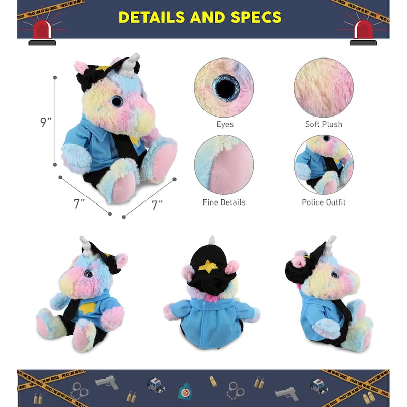 DolliBu Sitting Rainbow Unicorn Police Officer Plush with Cop Uniform - 10 inches