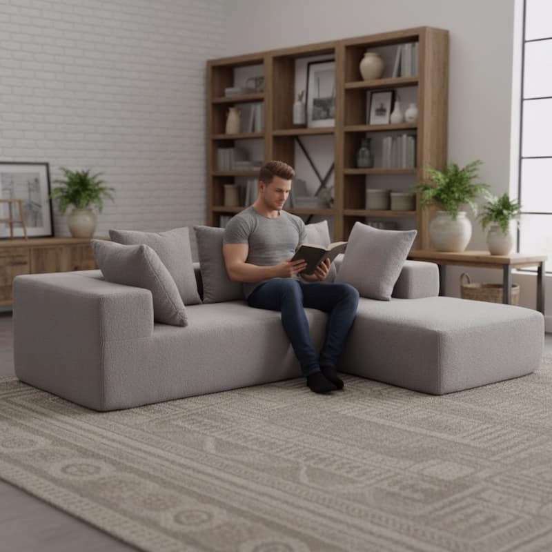 L-Shaped Modular Sectional Sofa, Full Foam Compressed Deep Seat Sofa, Upholstered Corner Sofa with 5 Throw Pillows - Grey