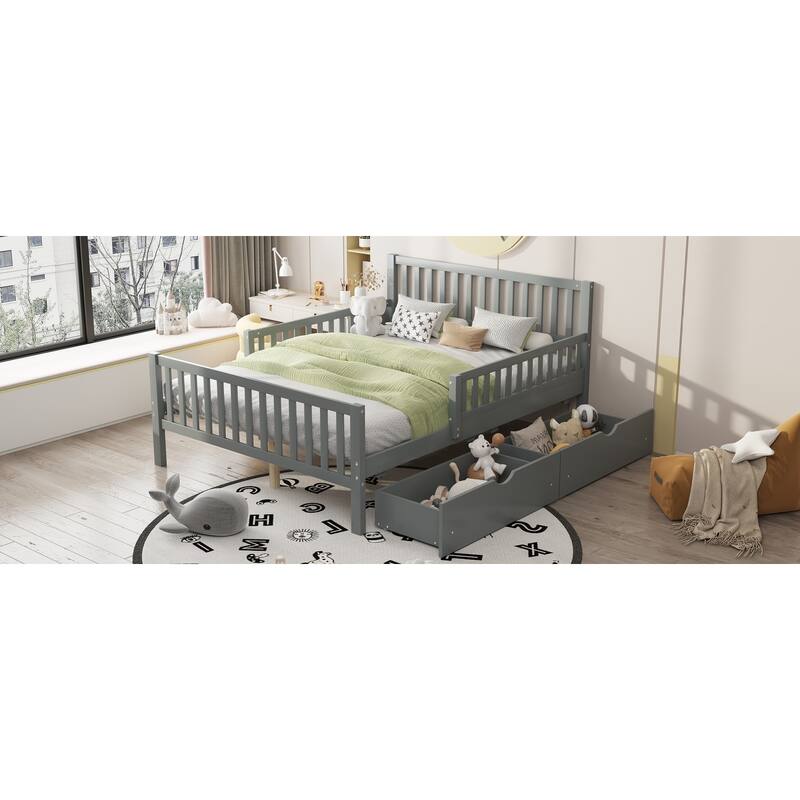 Full Size Wood Platform Bed with Guardrails and Storage Drawers, Gray