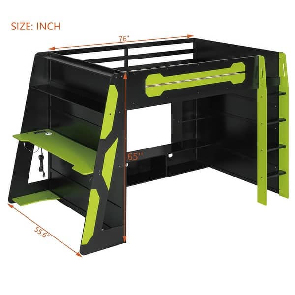 Full Size Esports Gaming Loft Bed Wood Frame Loft Bed with All-in-one Work Play Desk, Bookcase and RGB Ambient Light
