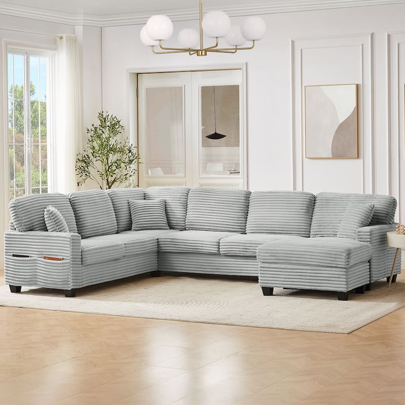 Sectional Sofa U-shaped Sectional 125.2" Upholstered L-shaped Sofa with a Movable Ottoman and Side Storage Pockets