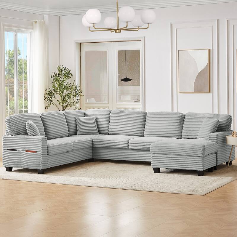 U Shaped Sectional Sofa with 1 Movable Ottoman, Corduroy Upholstered 6 Seater Sofa, Corner Sofa with Storage Pockets
