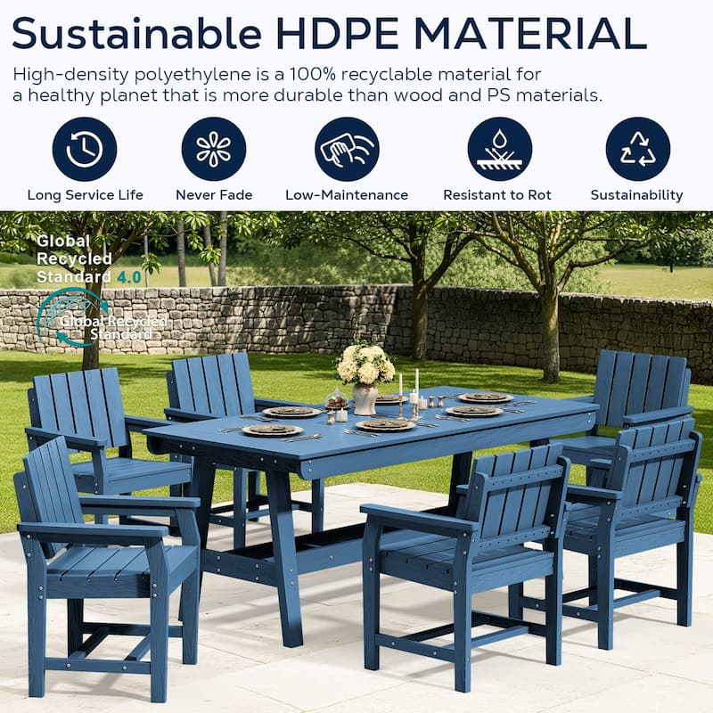 7-Piece HDPE Outdoor & Indoor Dining Set, Rectangular 67.91in W Table with Umbrella Hole and 6 Chairs Set of 7, Wood-Look Finish