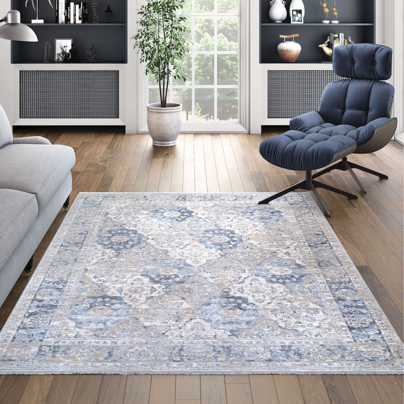La Mode Floral Tile Beige- Gray Area Rug