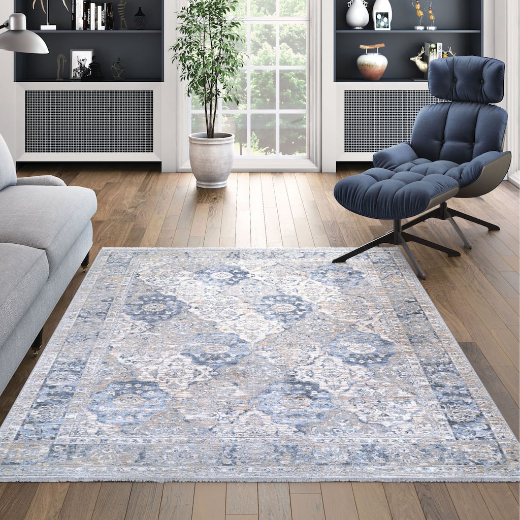 La Mode Floral Tile Beige- Gray Area Rug