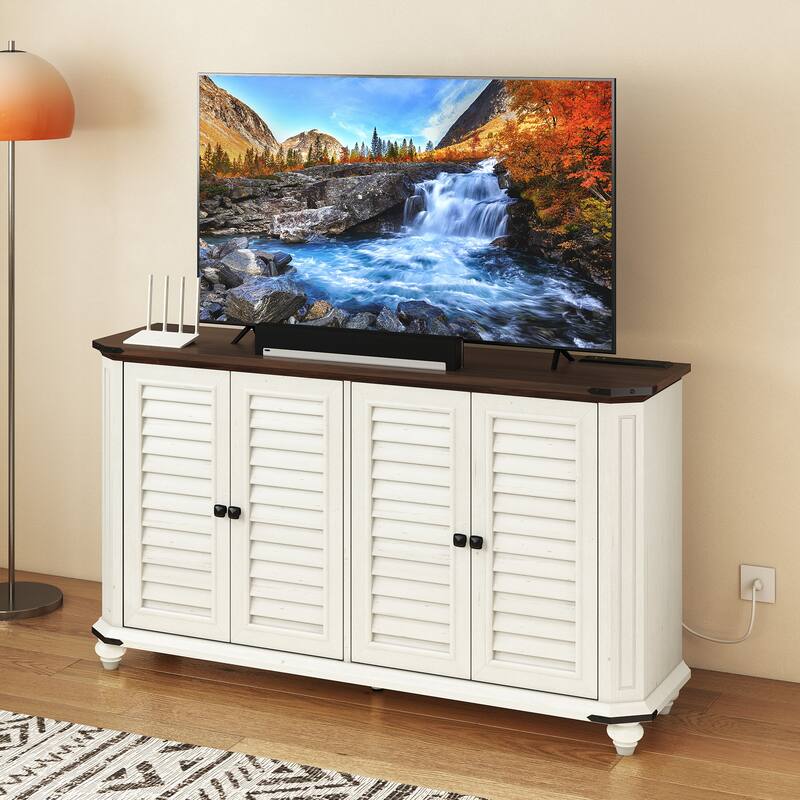 Moasis Farmhouse Rectangular TV Stand for TVs up to 60" with 4 Doors Storage Cabinets - Off White