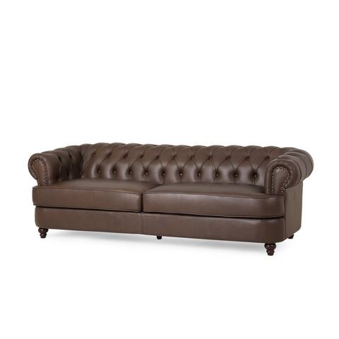 Litch Chesterfield Leather Tufted 3 Seater Top Grain Sofa by Christopher Knight Home