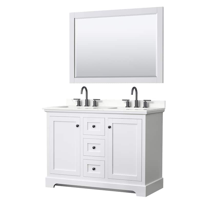 Avery 48-inch Double Vanity, Quartz Top, 46-inch Mirror - White, Black Trim, Giotto Quartz Top