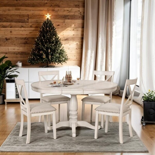Spice Kitchen Neoclassical Style Dining Set Elegant 5 Piece Kitchen Table Set for 4 Round Dining Table with Chairs Natural Wood Wash