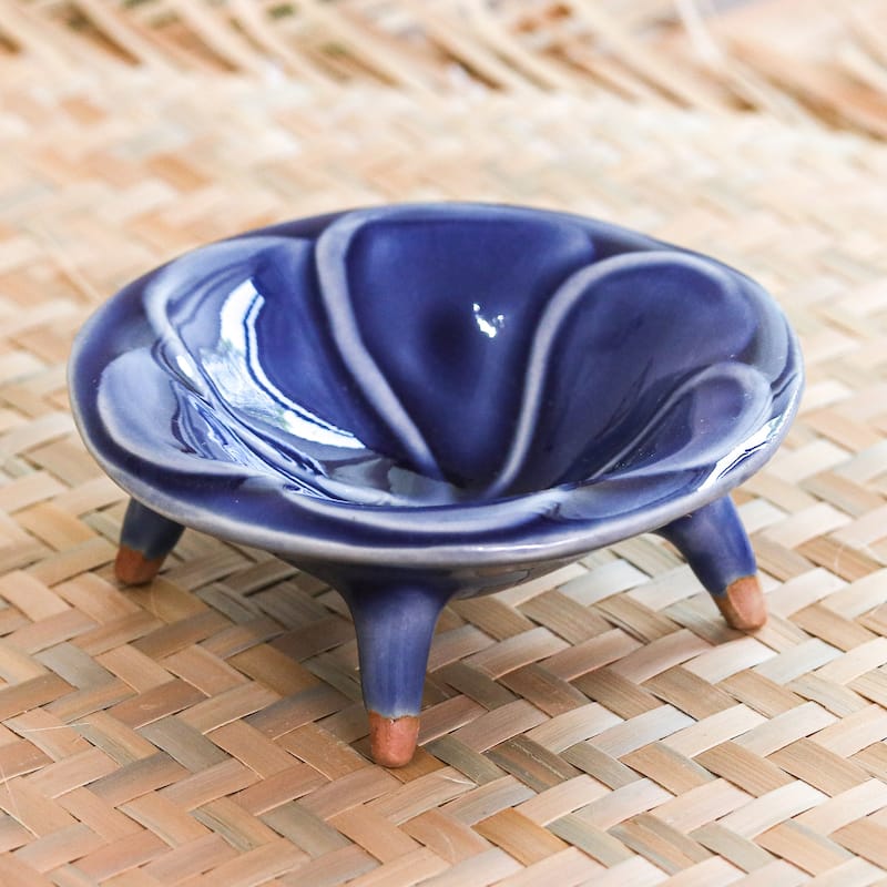 Novica Handmade Blue Plumeria Celadon Ceramic Candy Dish