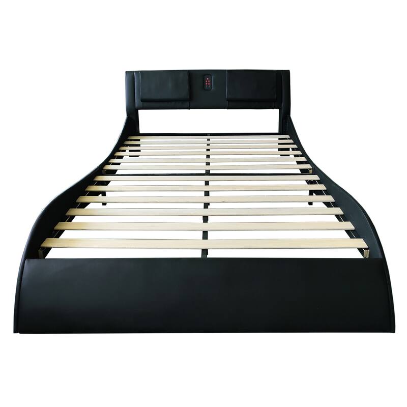 Queen Size Faux Leather Upholstered Platform Bed with led lighting