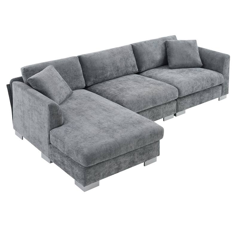 L-Shaped Sectional Sofa with Chaise Lounge, Oversized Chenille Upholstered Sofa, 4 Seater Sofa with 2 Throw Pillows