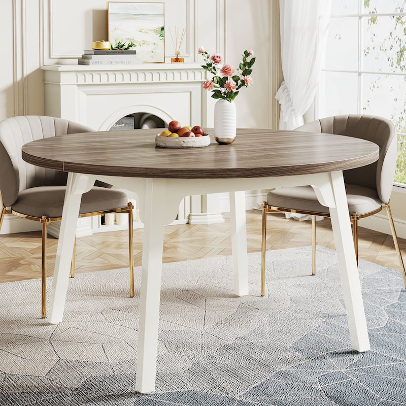 47 Inch Round Dining Table for 4, Farmhouse Kitchen Table - Brown and White