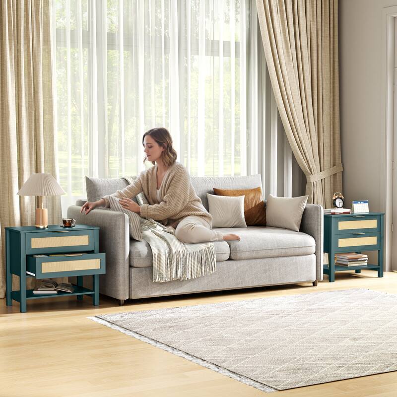 Rattan Nightstand with 2 Drawers and Storage Shelf Boho Bedside Narrow Side Table for Bedroom