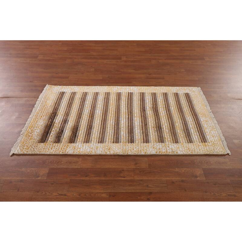 Striped Modern Abstract Accent Rug Handmade Yellow Wool Carpet - 2'9"x 4'10"