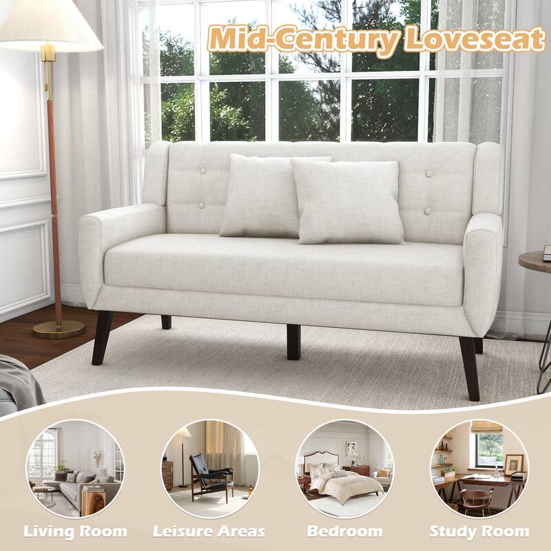 Mid-Century 63-Inch Linen Tufted Loveseat Sofa with Pillows