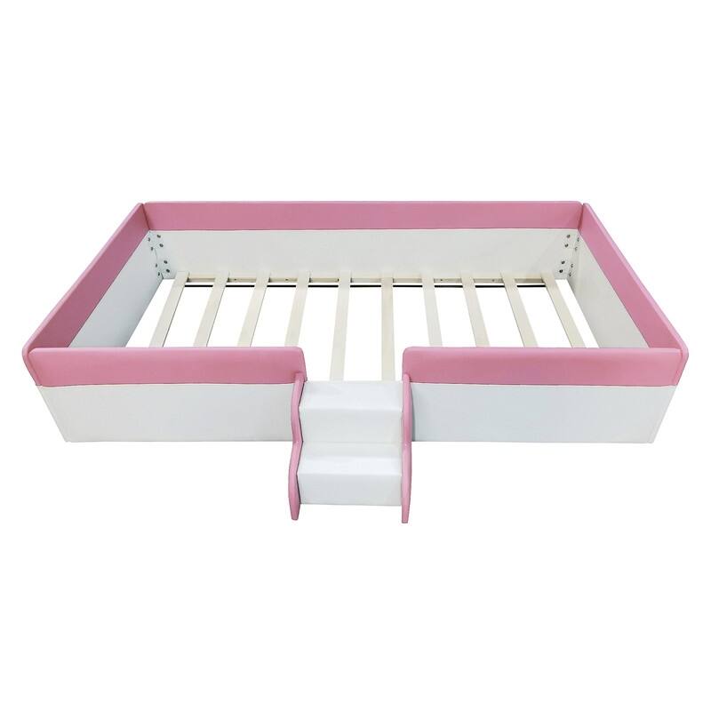 Twin/ Full/ Queen/ King Size Upholstered Kids Floor Bed Frame with Guardrail and Little Stairs, Soft PU Platform Bed