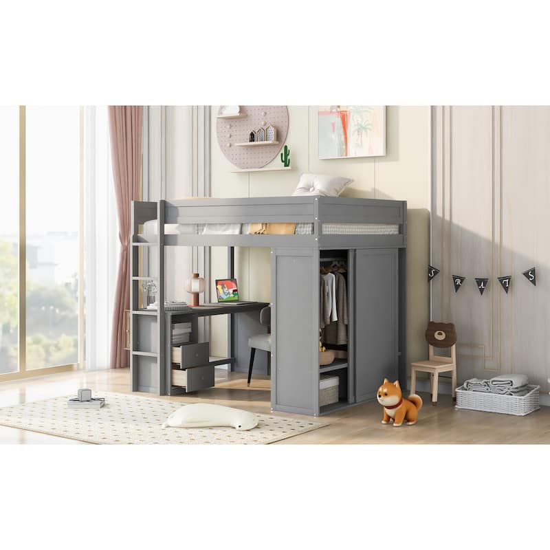 3-in-1 Loft Bed w/Desk Built-in Drawers, Wardrobes, Storage Underneath