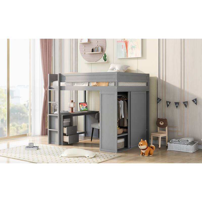 Full Size Loft Bed with Wardrobes, Desk, and Storage Cabinet in Gray