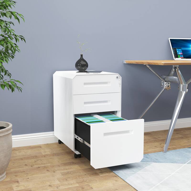 Modern Polygon 3-Drawer Wheeled Steel File Cabinet
