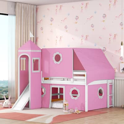 Pink Full Size Cute Solid Wood House Loft Bed with Slide, Tent, and Tower for Kids
