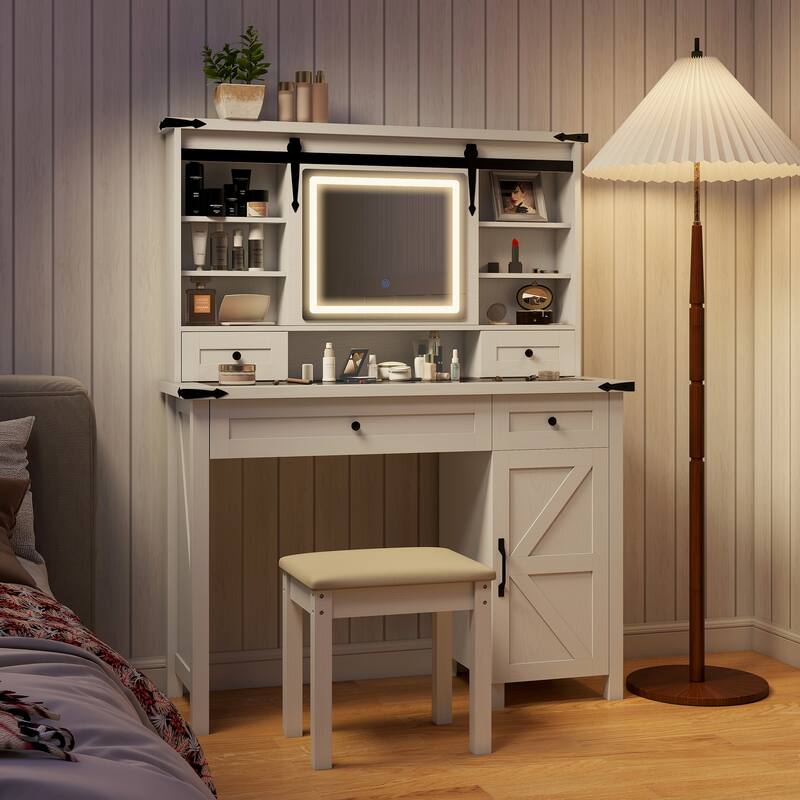LED Dressing Table With 4 Drawers Cabinet Shelves And Stool - 42" W x 15.9" D x 54.1"H