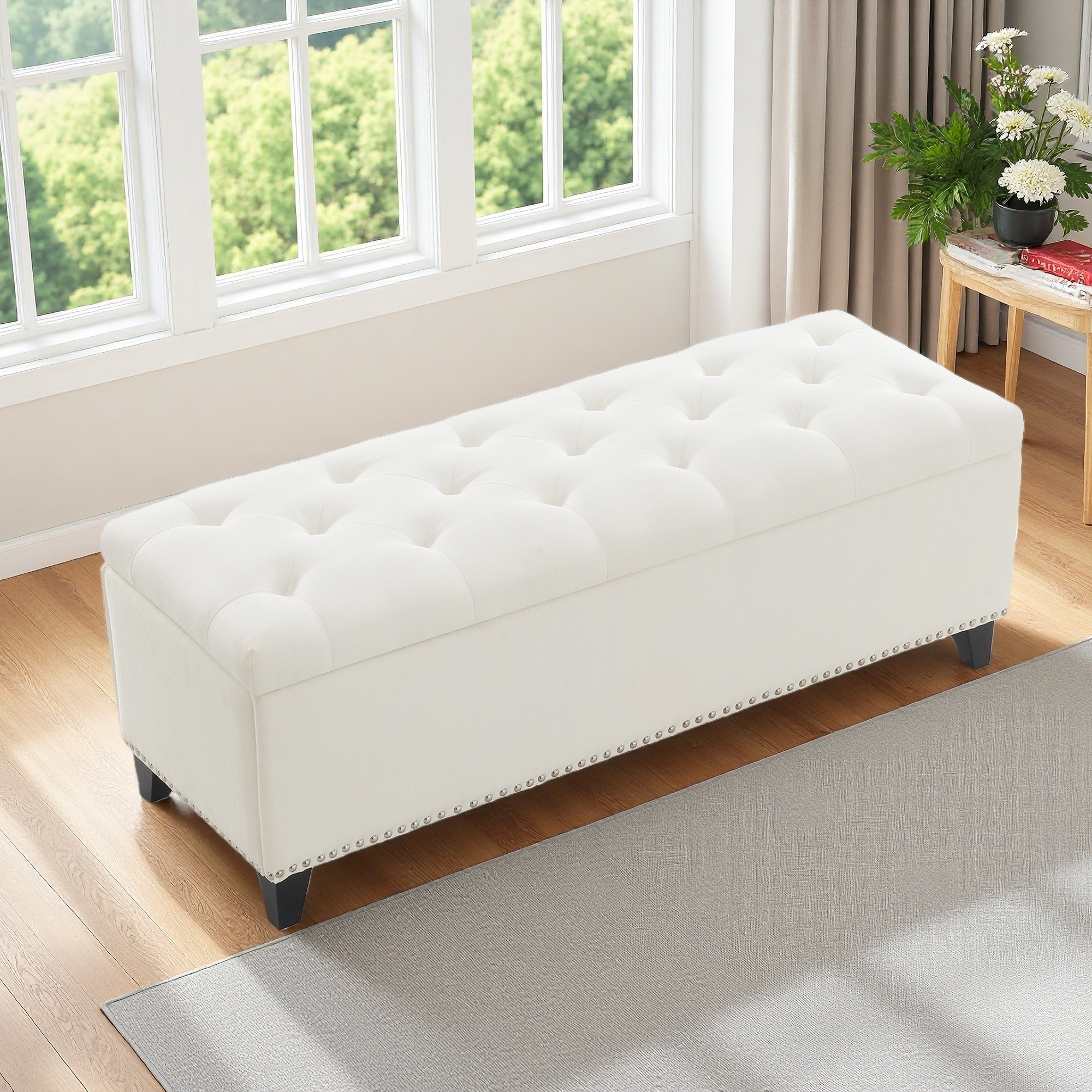 47.5"L Storage Bench Ottoman, Linen Button-Tufted Ottoman with Safety Close Hinge, Foot Rest for Living Room, Entryway, Hallway