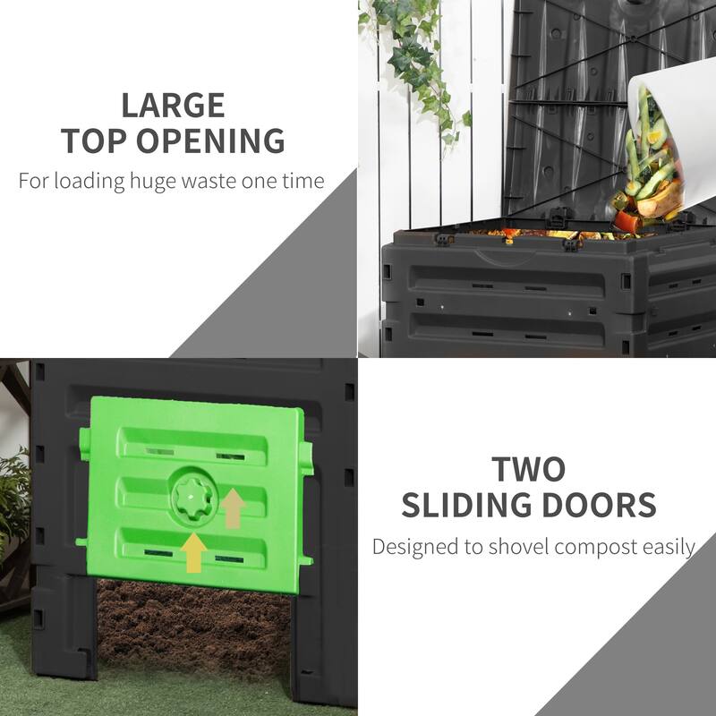 Outsunny Garden Compost Bin, 120 Gallon (450L) Garden Composter with 80 Vents and 2 Sliding Doors, Lightweight & Sturdy