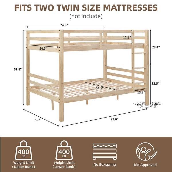 dimension image slide 1 of 4, Full over Full Wooden Bunk Bed, High Guardrail,Ladder, No Box Spring