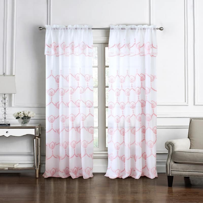 Embroidered Window Curtain Panel with Attached Valance 90" - Rochelle - Blush