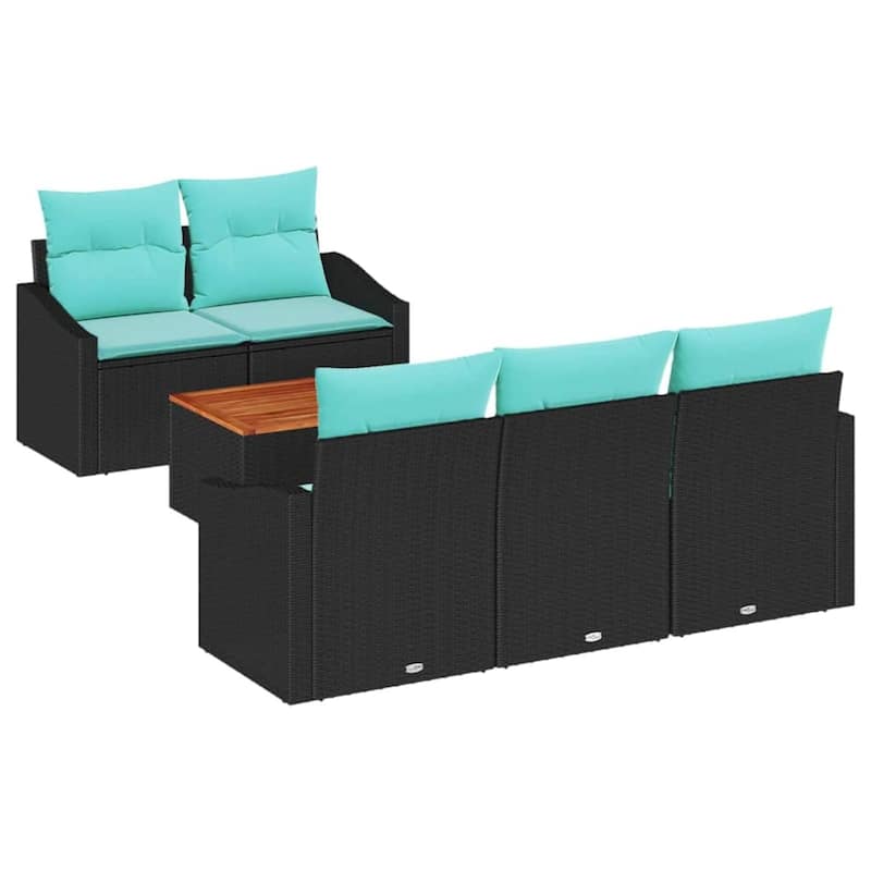 vidaXL 6 Piece Garden Sofa Set with Cushions Black Poly Rattan Acacia - 70.1×24.4×27.2