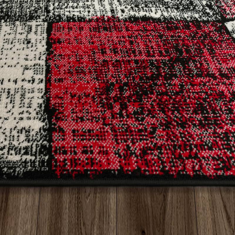 Abstract Area Rug For Living Room Checkered in Red Black White