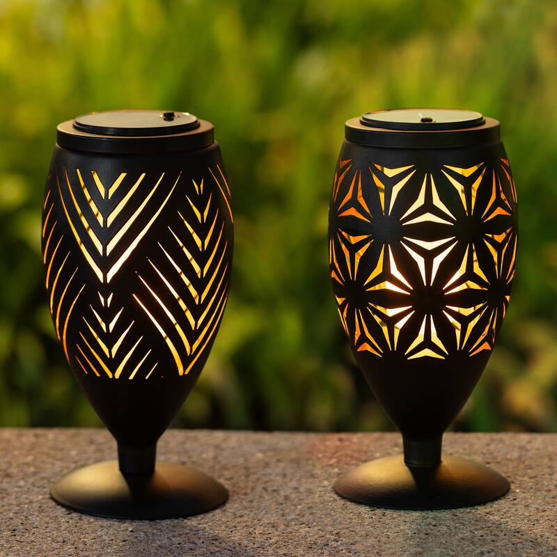 Glitzhome 8.75"H Set of 2 Black Metal Cutout Geometric Pattern Solar Powered Outdoor Lantern with LED Light