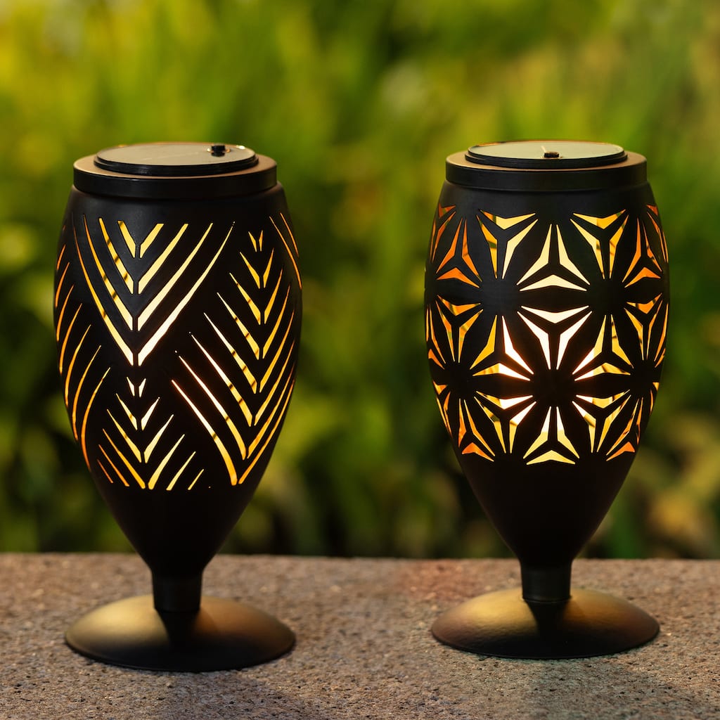 Glitzhome 8.75"H Set of 2 Black Metal Cutout Geometric Pattern Solar Powered Outdoor Lantern with LED Light