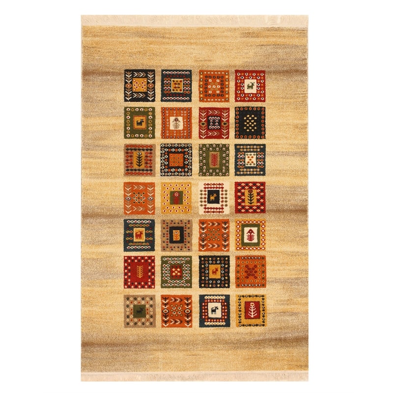 Beige Bohemian Oriental Gabbeh Rug - Soft, hand-knotted rug with playful Bohemian design. - N/A