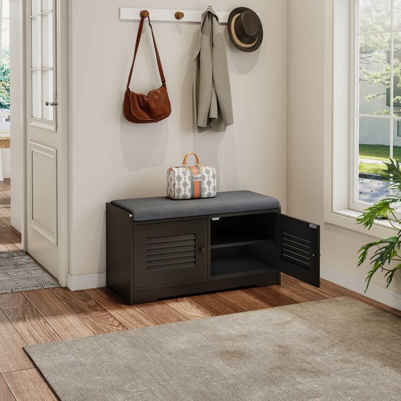 28.74" Shoe Storage Bench with 2 Door Cabinet, Entryway Bench Black Indoor Bench with Padded Seat and Adjustable Shelves